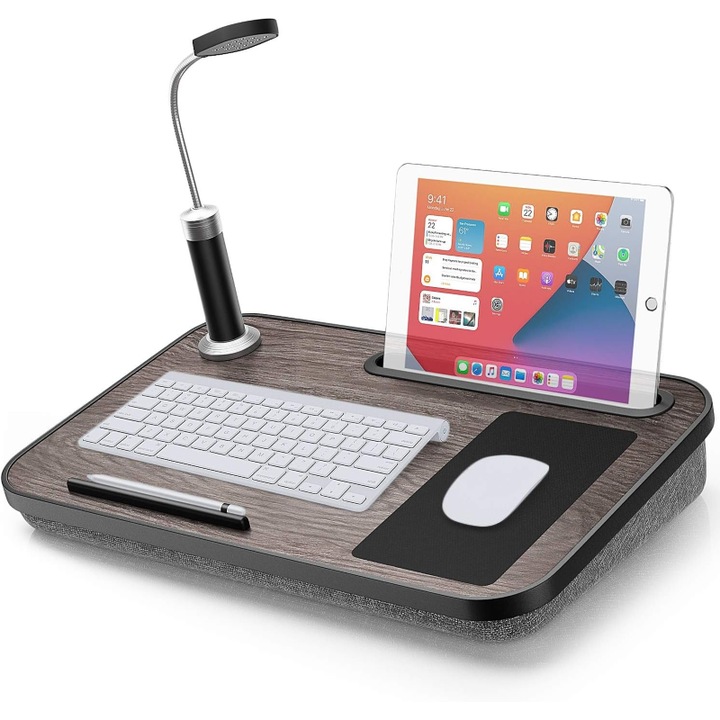 Masuta laptop stand XPD multifunctionala, blat MDF, mouse pad, suport pentru telefon si tableta, lampa LED detasabila, portabil, 49cm X 30cm X 7cm, perna cu spuma de memorie moale pentru genunchi