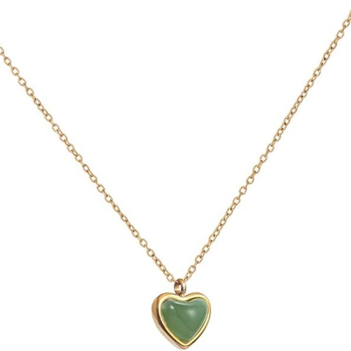 Колие с висулка сърце от карнеол, 18K позлатена неръждаема стомана, златист / зелен