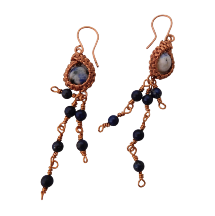 Cercei din cupru, "jucausi" cu sodalit si lapis lazuli, 7 cm