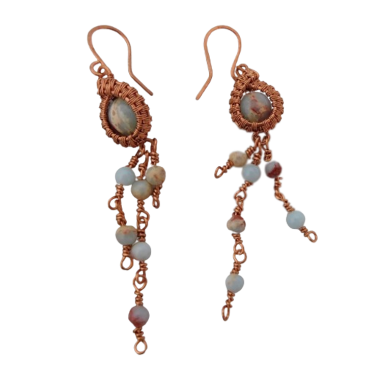 Cercei din cupru, "jucausi" cu jasp imperial, 7 cm