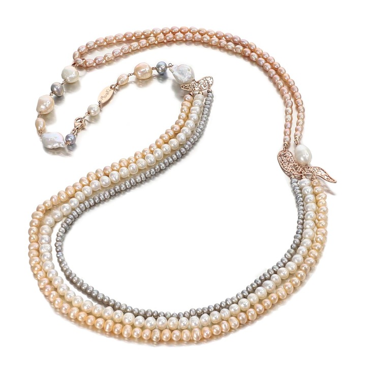Дълго колие Trinity с бели, сиви и розови култивирани перли