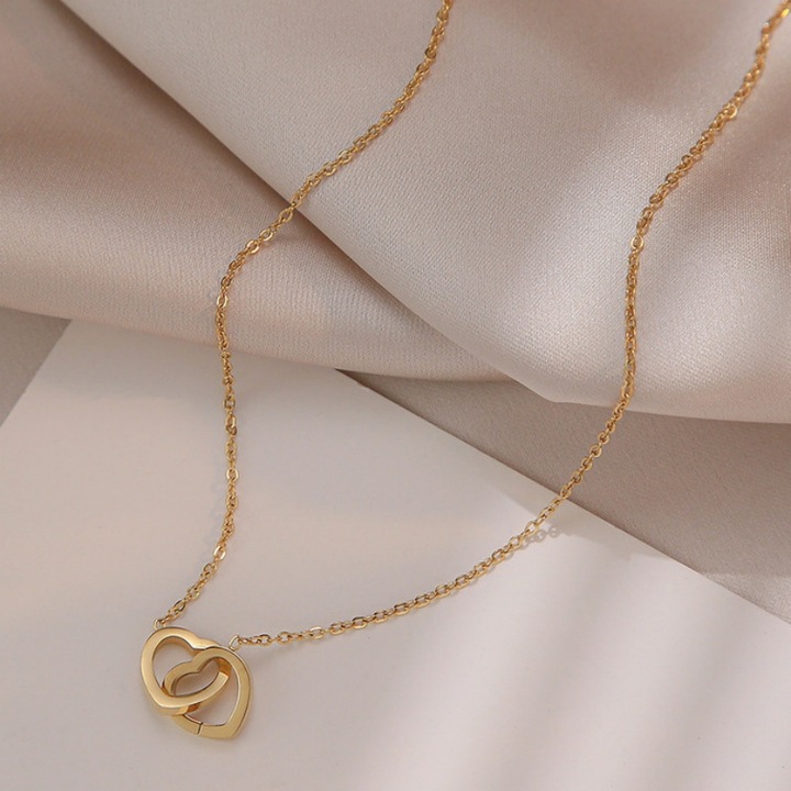 Colier cu Double Heart pandantiv, Otel inoxidabil placat cu aur 18K, Auriu