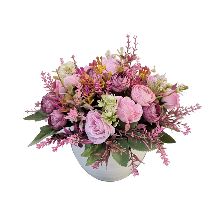 Aranjament floral roz mov cu flori artificiale, DADY, 20x20 cm, cu ranunculus, trandafiri si verdeata decorativa artificiala