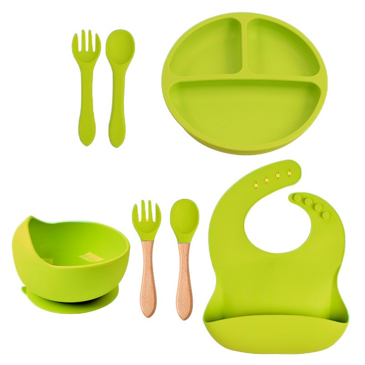 Силиконов комплект за хранене за бебета, Giftry®, лигавник, купа с вендуза, чиния с отделения, 2 комплекта лъжица и вилица, без алергени, светлозелен