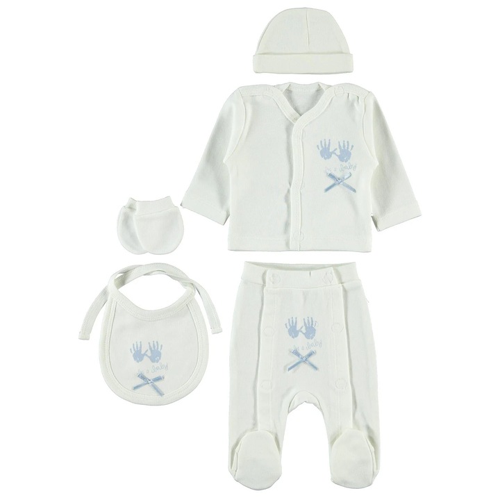 Set 5 piese WHITY pentru bebelusi/nou-nascuti baietei, ERAKIDS, broderie "For Baby", 100% bumbac premium, 0-1 luni (44-56 cm), Alb/Albastru