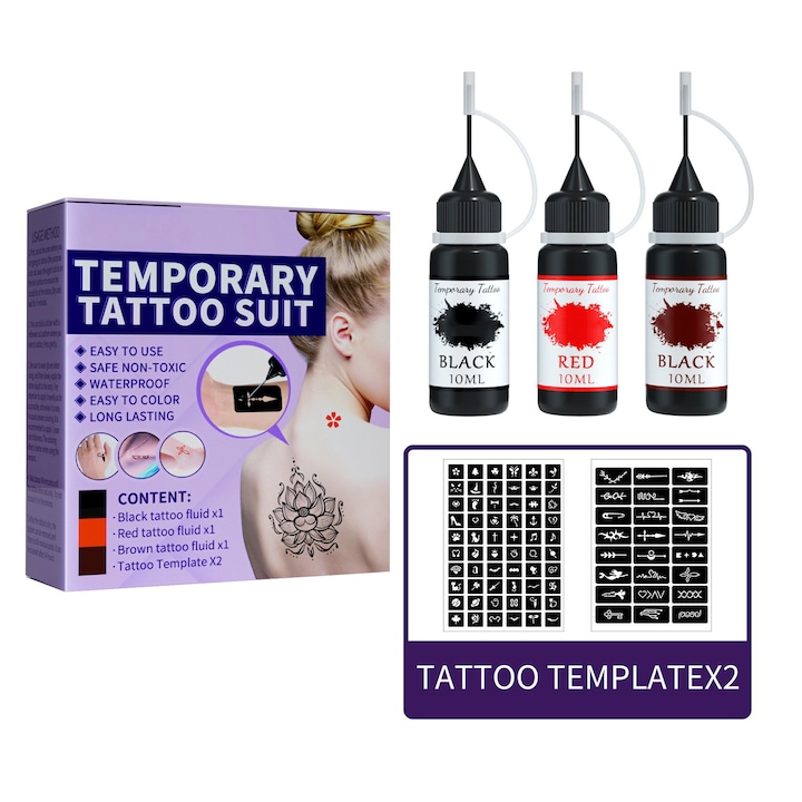 Kit de tatuaje temporare, zggzerg, cu 3 sticle de cerneala diferite de 10 ml si 2 modele diferite TATTOO TEMPLATE, pentru femei, barbati, copii, pictura de arta corporala, tatuaje DIY, Multicolor