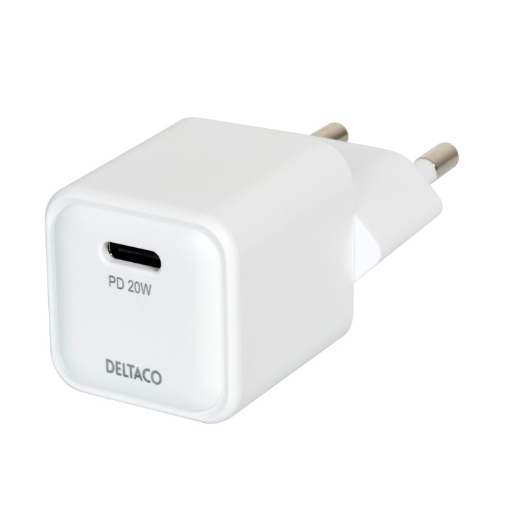 Deltaco mini USB-C aljzatos töltő, gyorstöltés, PD 20W, fehér