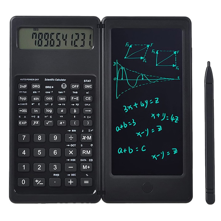 Calculator stiintific, Vaxiuja, Cu tableta pentru scris si creion Stylus, alimentare baterie CR1220, Pentru notite, studenti, birou, scoala, negru