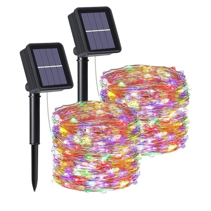 LED нишка, NUODWELL, 8 режима на светене, 10 м дължина, 100 LED лампи, IP65 водоустойчив, соларно захранване, превключвател със сензор за дневна светлина, неон