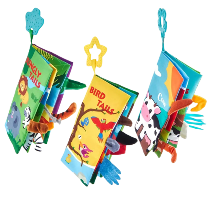 Set 3 carti senzoriale fosnitoare pentru bebelusi, cu animalute si pasari colorate colorate si inel din silicon pentru dentitie, Bird Tails, Farm Tails, Jungly Tails, Edujucarii
