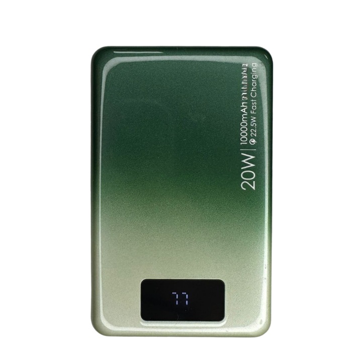 Külső mágneses akkumulátor, kapacitása 10 000 mAh. vezeték nélküli TU&YA®, Univerzális és elektromos cigarettához USB kábelen keresztül, Gyorstöltés vezeték nélküli töltés 15W, 20W kábelen keresztül, Magsafe kompatibilis, Qi szabvány szerint, zöld