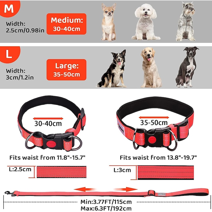 Set Lesa si Zgarda reflectorizante pentru caini, reglabila cu captuseala moale din neopren, catarama de siguranta, pentru caini de talie mica sau mijlocie, Potocaliu, M M Medie Portocaliu Intens Lesa 2.5 cm 192 cm Banda reflectorizanta Da