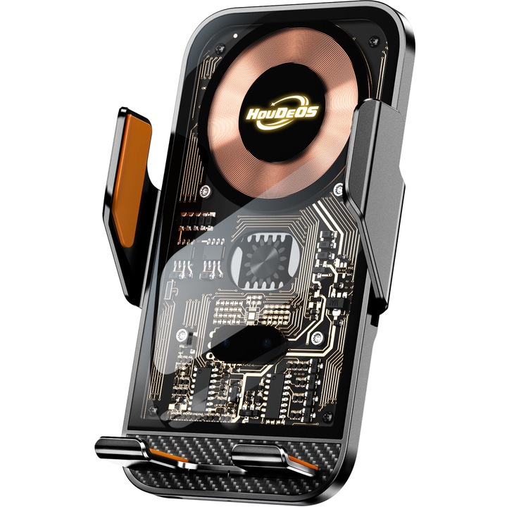 Държач за телефон за безжично зареждане, Инсталиран на изхода за въздух на автомобила, Вградена батерия, Автоматично индукционно затягане, HouDeOS®, оранжево и черно