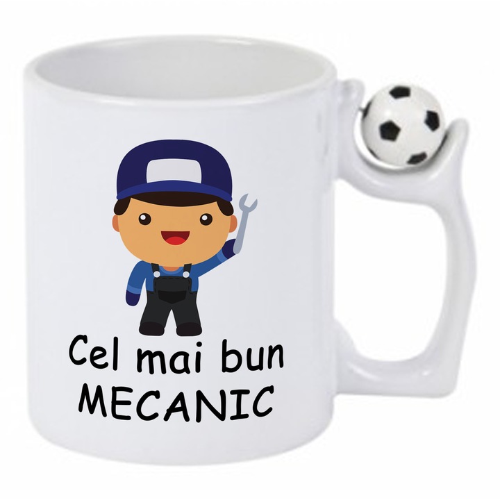Cana alba cu toarta minge fotbal personalizata Cel mai bun Mecanic, 325 ml, Pop Radu Daniel II