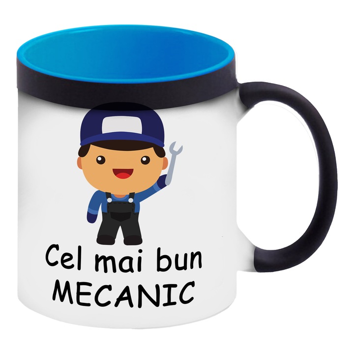 Cana termosensibila neagra cu interior albastru personalizata Cel mai bun Mecanic, 325 ml, Pop Radu Daniel II