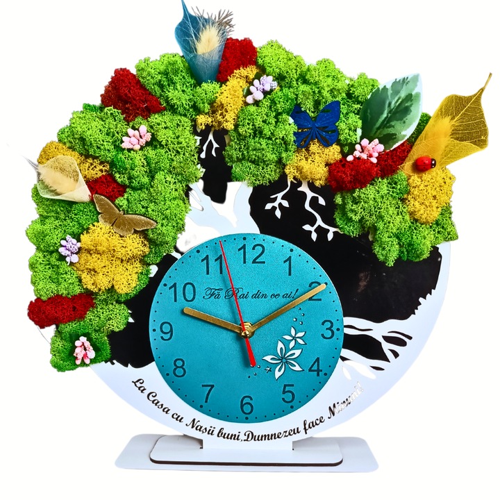Ceas Decorativ Copacul Vietii cu suport Birou, Personalizat pentru nasi cu mesaj standard ''La casa cu nasii buni Dumnezeu face minuni!'' decorat licheni stabilizati naturali si flori decorative, 30cm, multicolor, cadran turcoaz, repere ceas aurii