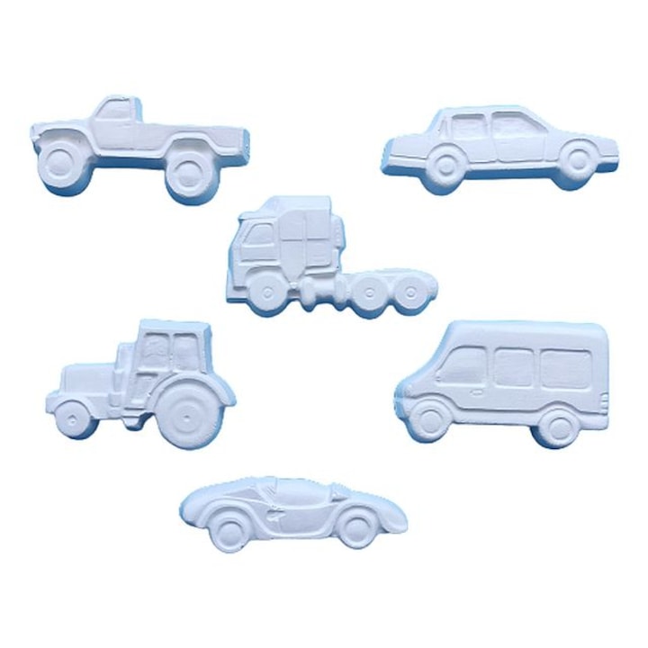 Gipszfigurák festéshez – Traktor, teherautó, terepjáró 7,5 – 3 cm közötti méretekkel, 6 db