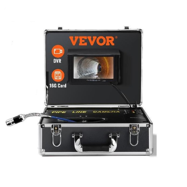 Камера за канали Vevor V2793, Екран 7″, DVR функция, Водоустойчива, 12 регулируеми светодиода, Слот за SD карта 16 GB