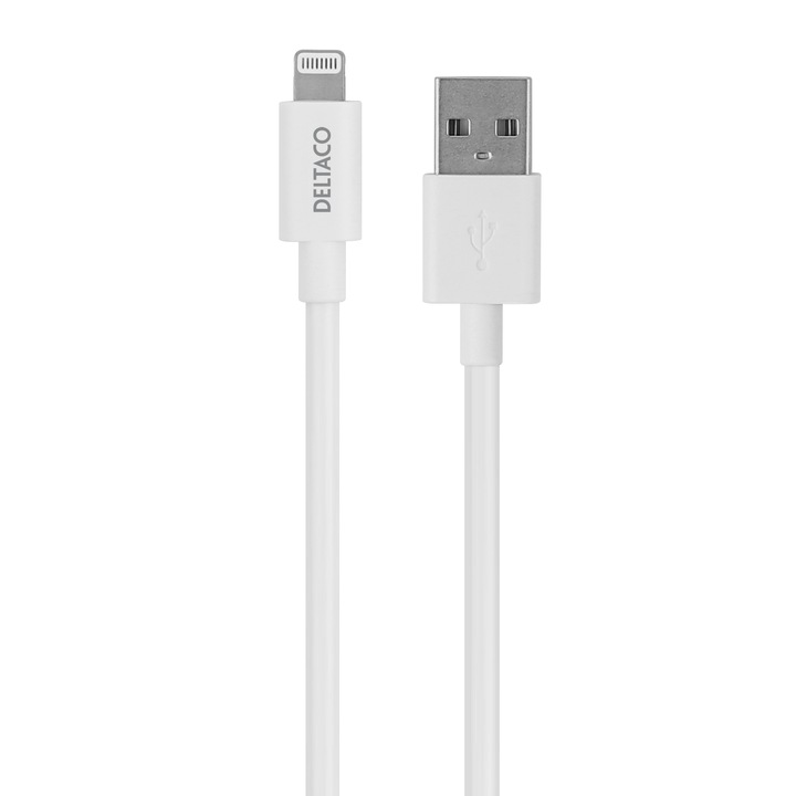 Cablu de date si incarcare Deltaco, USB-A la tip lightning, certificat MFI, 2.4A, 3m, alb