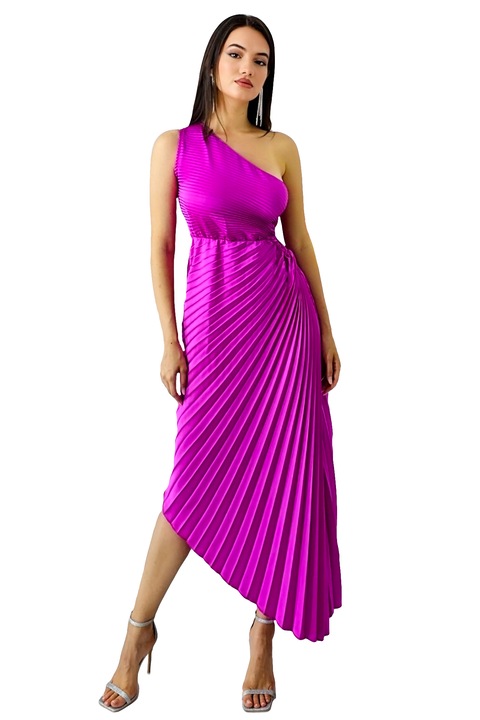 Асиметрична плисирана рокля Elza, С изрезка в областта на талията, Фуксия, Универсален размер S/M