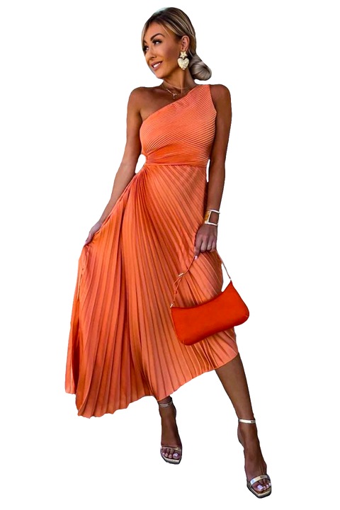 Асиметрична плисирана рокля Elza, с изрезка в областта на талията, оранжева, универсален размер S/M