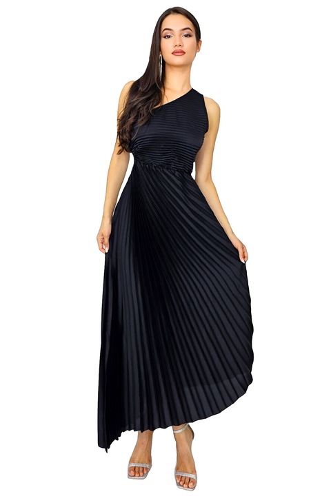 Асиметрична плисирана рокля Elza, с изрезка в областта на талията, Черен, Универсален размер S/M