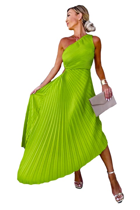Асиметрична плисирана рокля Elza, С изрезка в областта на талията, Зелен, Универсален размер S/M