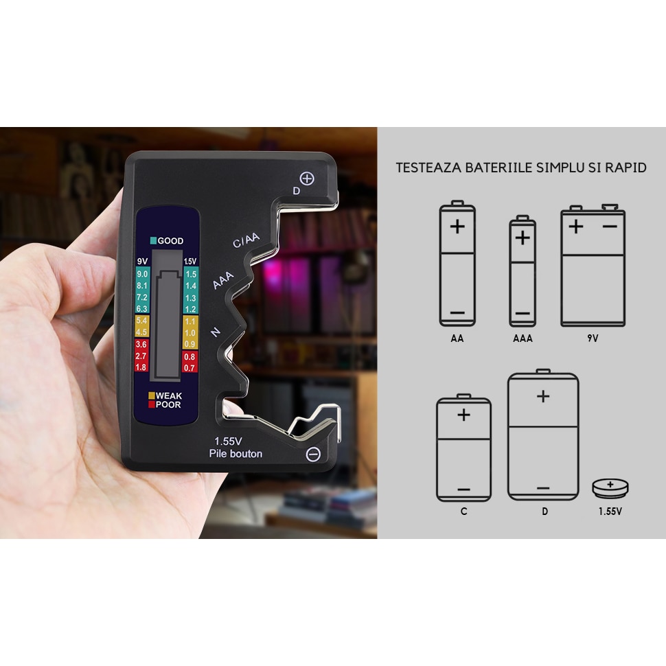 Tester Digitale Universale Per Batterie – LCD Per AA, AAA, C, D, 9V E Batterie A Bottone, Nessuna Batteria Richiesta