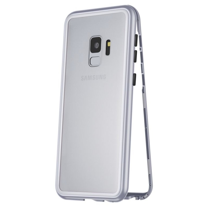 Husa magnetica premium pentru Samsung Galaxy S9, cu rama metalica, Transparent