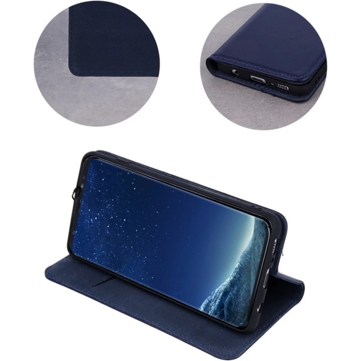 Защитен флип капак, съвместим с Samsung Galaxy A51 5G, Smart Pro, кожа, тъмносин