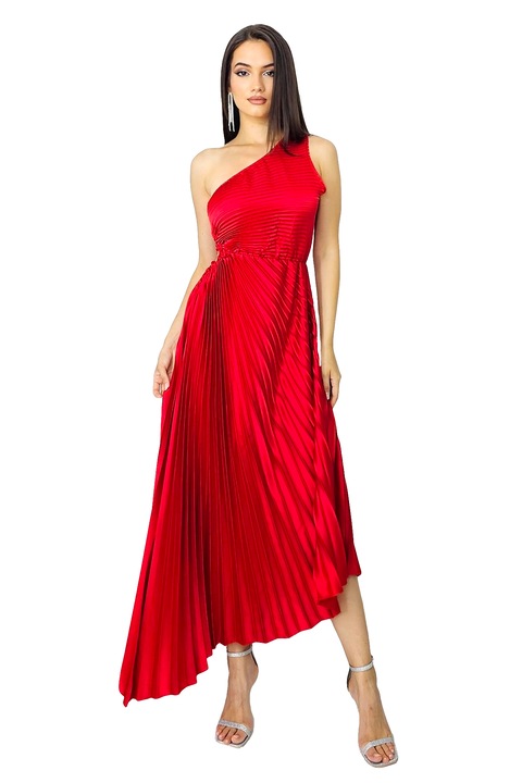 Асиметрична плисирана рокля Elza, с изрезка в областта на талията, Червен, Универсален размер S/M