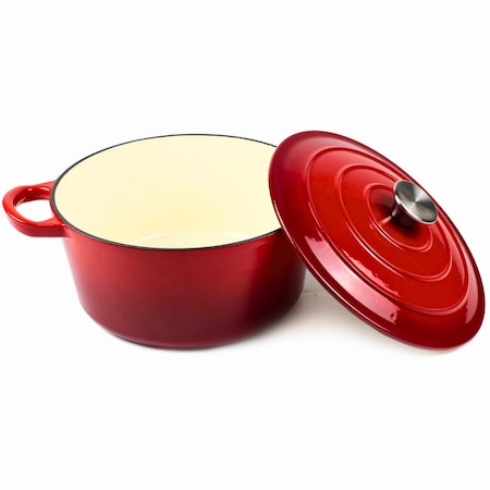 Ceaun din fonta emailata, Crucible Cookware, tip cuptor olandez, cu capac 26 cm, volum 5 l, antiaderent, rosu
