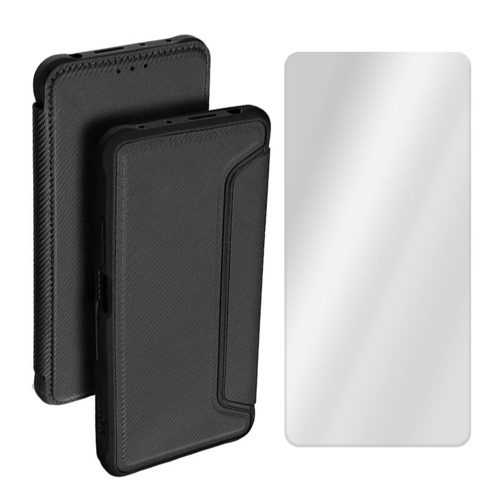 Комплект противоударен флип калъф и 2.5D защитен стъклен протектор, съвместими с Xiaomi Redmi Note 12 5g, магнитно затваряне, тип тефтер, отделение за карти, черен