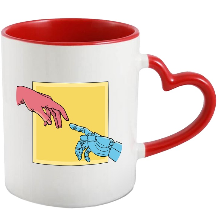 Cana Crearea lui Adam, Robotic, Ceramica, 330 ml, Multicolor cu maner Inima Rosie