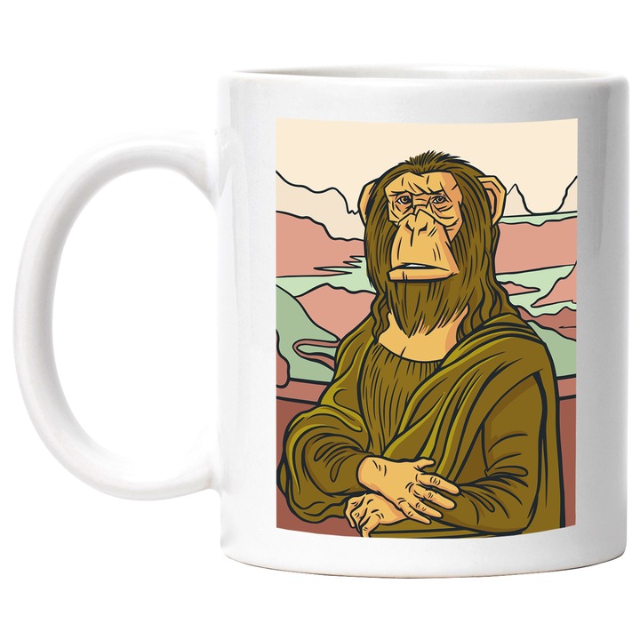 Cana Portret Maimuta in Stilul Picturilor Faimoase, Ceramica, 330 ml, Multicolor cu maner Alb