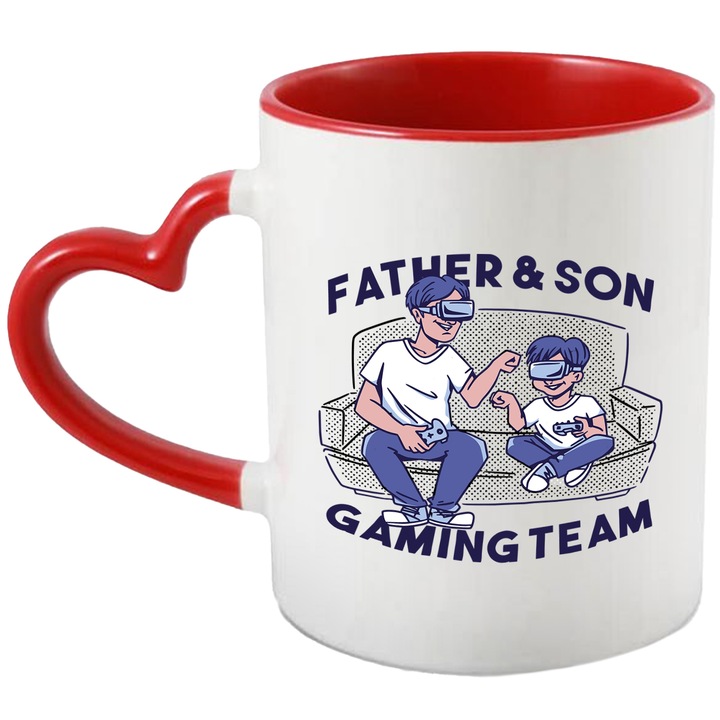 Cana Tata si Fiu, Jocuri Video, Echipa, VR, Consola, Play Station, x box, Distractie, Quality Time, Ceramica, 330 ml, Multicolor cu maner Inima Rosie