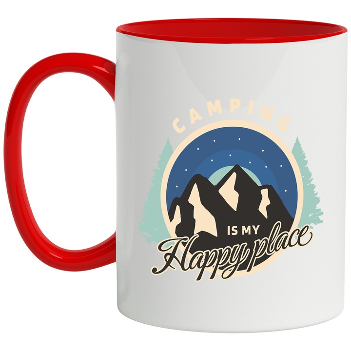 Cana Pentru Iubitorii de Camping In Aer Liber, In Padure sau Pe Munte cu Mesajul Padurea Ma Cheama The Woods are Calling 330 ml cu maner Rosu