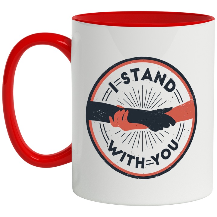 Cana I Stand With You, Ceramica, 330 ml, Negru, Maro cu maner Rosu