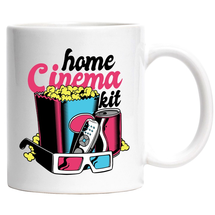 Cana Personalizata pentru Cinefili, Netflix, Chill, Popcorn, Soda, Ochelari, Telecomanda cu Mesajul in Engleza Home Cinema Kit, Ceramica, 330 ml, Multicolor cu maner Alb