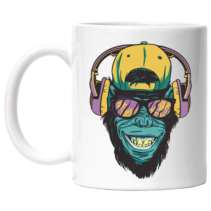 Cana Maimuta Cool, Sapta, Casti, Zambet Auriu, Ochelari, Gangsta, Ceramica, 330 ml, Multicolor cu maner Alb