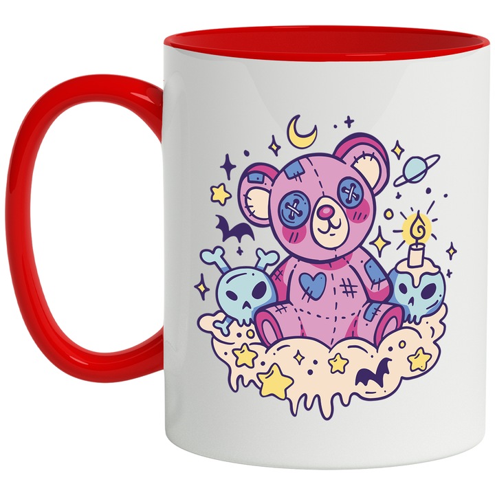 Cana Teddybear Kawaii Goth Ursulet De Plus Ilustrat, Ceramica, 330 ml, Multicolor cu maner Rosu