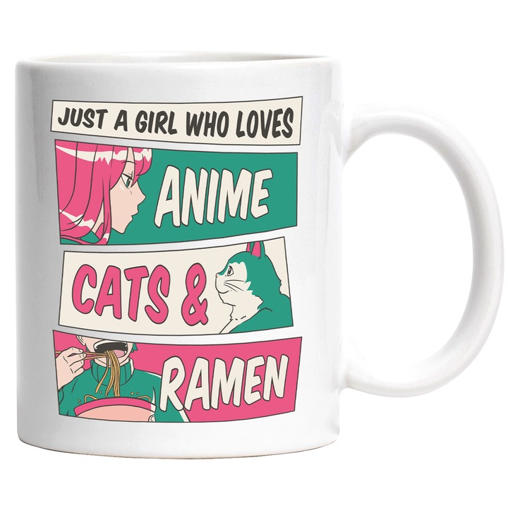 Cana Anime Cats & Ramen, Ceramica, 330 ml, Multicolor cu maner Alb
