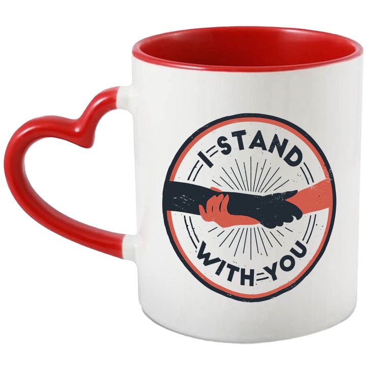 Cana I Stand With You, Ceramica, 330 ml, Negru, Maro cu maner Inima Rosie