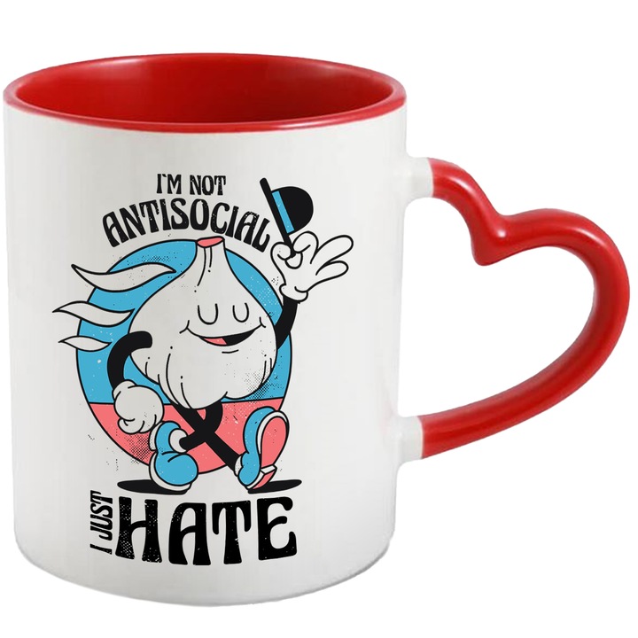 Cana I'm Not AntiSocial, Ceramica, 330 ml, Roz, Albastru cu maner Inima Rosie