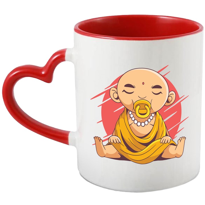 Cana Baby Buddha, Ceramica, 330 ml, Multicolora cu maner Inima Rosie
