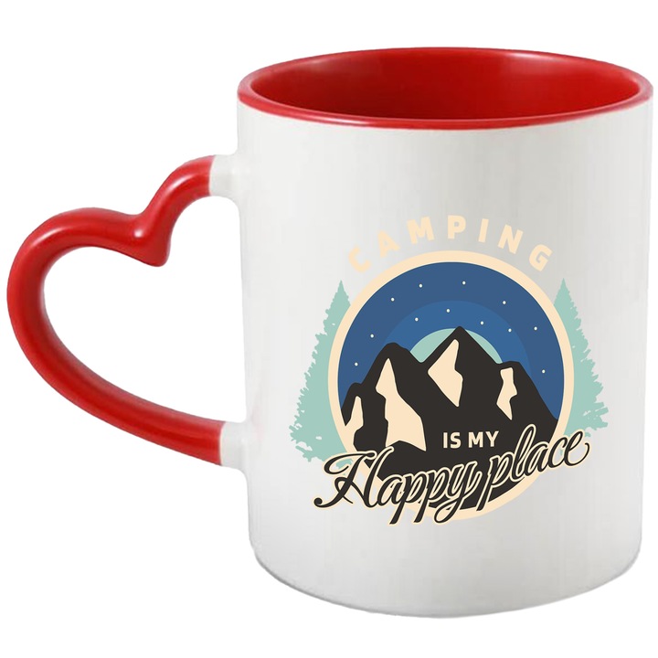 Cana Pentru Iubitorii de Camping In Aer Liber, In Padure sau Pe Munte cu Mesajul Padurea Ma Cheama The Woods are Calling 330 ml cu maner Inima Rosie