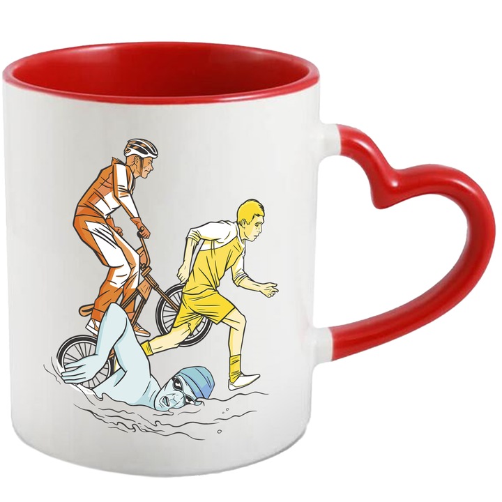 Cana Personalizata Pentru Pasionatii si Iubitorii de Sport, Ciclism, Alergat si Inot, Ceramica, 330 ml, Portocaliu, Galben, Albastru cu maner Inima Rosie