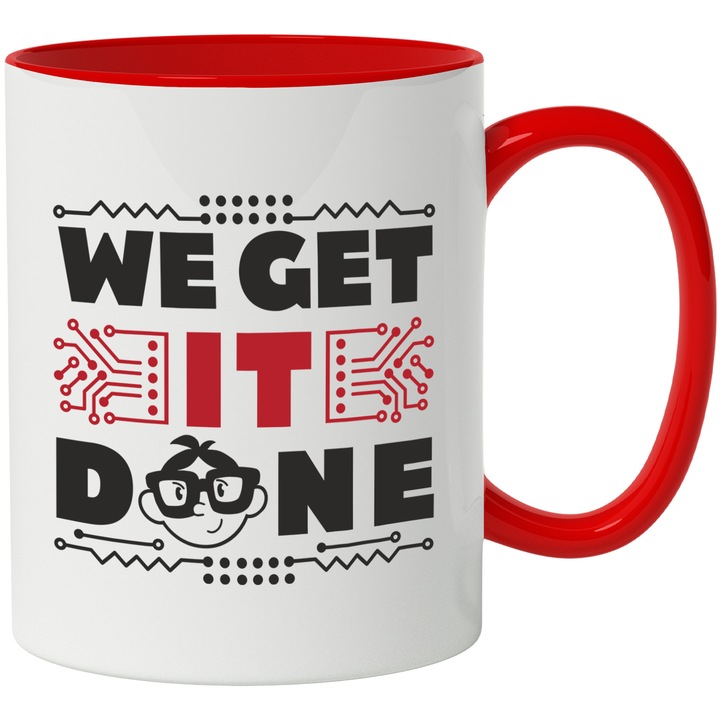 Cana Cu Mesaj Motivational "Nerd We Get it Done", Ceramica, 330 ml, Albastru, Rosu cu maner Rosu