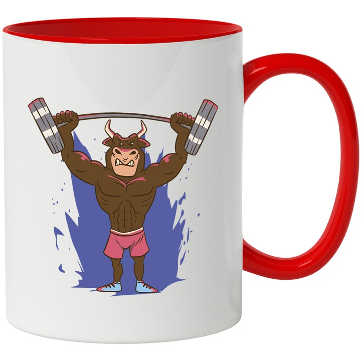 Cana Cu Personalizata Pentru Sportivii De Performanta, Sala de Fitness, Taur Ridicand Greutati, Powerlifting 330 ml, Albastru, Maro, Rosu cu maner Rosu