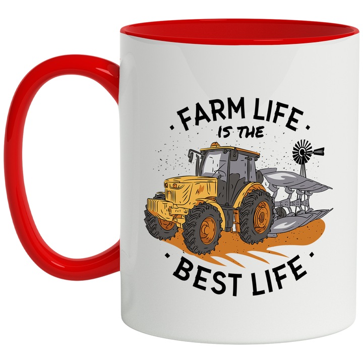 Cana Personalizata pentru Fermieri, Tractor, Ferma, cu Mesajul in Engleza Farm Life is the Best Life, Ceramica, 330 ml, Multicolor cu maner Rosu